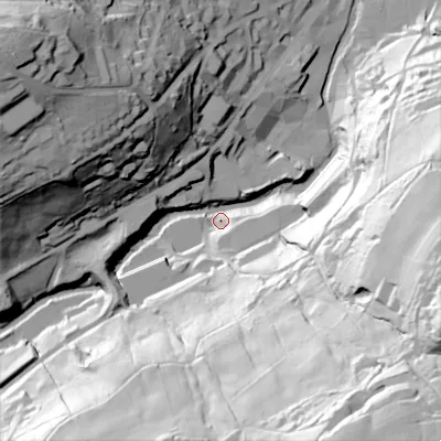 Shaded relief map of the ground around HX63BW, computed from Environment Agency LiDAR. The ground here sits at about 84 m above sea level and falls 119 m across the surrounding 800 m. Surface water reaching this point runs off ground lying to the south-south-east, 106.8 m higher.