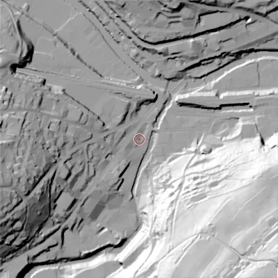 Shaded relief map of the ground around HX63JH, computed from Environment Agency LiDAR. The ground here sits at about 78 m above sea level and falls 117 m across the surrounding 800 m. Surface water reaching this point runs off ground lying to the south-east, 114.3 m higher.