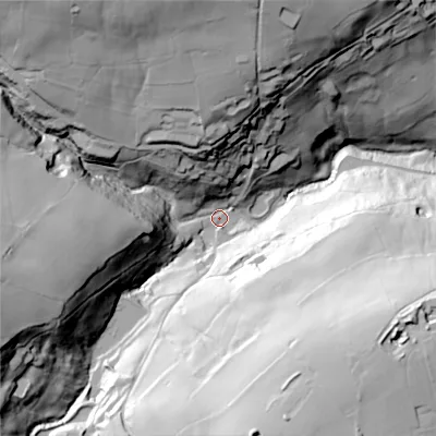 Shaded relief map of the ground around HX63JN, computed from Environment Agency LiDAR. The ground here sits at about 140 m above sea level and falls 95 m across the surrounding 800 m. Surface water reaching this point runs off ground lying to the south-south-east, 78.9 m higher.