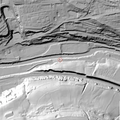 Shaded relief map of the ground around HX63LF, computed from Environment Agency LiDAR. The ground here sits at about 75 m above sea level and falls 97 m across the surrounding 800 m. Surface water reaching this point runs off ground lying to the south-west, 23.1 m higher.