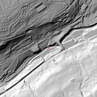Shaded relief map of the ground around HX63LL, computed from Environment Agency LiDAR. The ground here sits at about 83 m above sea level and falls 122 m across the surrounding 800 m. Surface water reaching this point runs off ground lying to the south-south-east, 100.8 m higher.