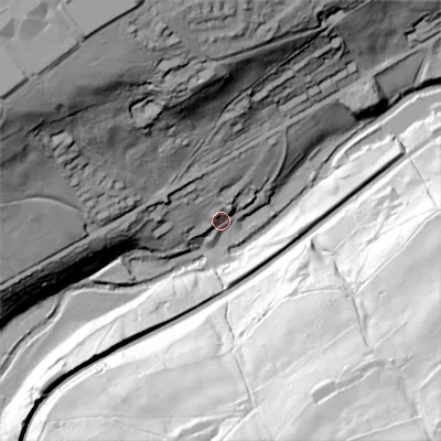 Shaded relief map of the ground around HX63LN, computed from Environment Agency LiDAR. The ground here sits at about 95 m above sea level and falls 124 m across the surrounding 800 m. Surface water reaching this point runs off ground lying to the north-north-west, 22.4 m higher.