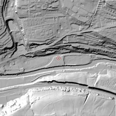 Shaded relief map of the ground around HX63LX, computed from Environment Agency LiDAR. The ground here sits at about 77 m above sea level and falls 86 m across the surrounding 800 m. Surface water reaching this point runs off ground lying to the north-north-east, 64.8 m higher.
