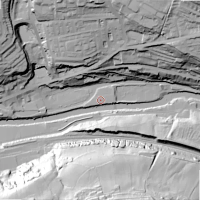 Shaded relief map of the ground around HX63LY, computed from Environment Agency LiDAR. The ground here sits at about 77 m above sea level and falls 80 m across the surrounding 800 m. Surface water reaching this point runs off ground lying to the south-south-west, 22.1 m higher.