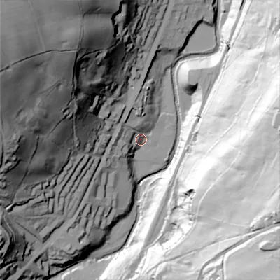 Shaded relief map of the ground around HX64AJ, computed from Environment Agency LiDAR. The ground here sits at about 118 m above sea level and falls 121 m across the surrounding 800 m. Surface water reaching this point runs off ground lying to the west, 14.9 m higher.