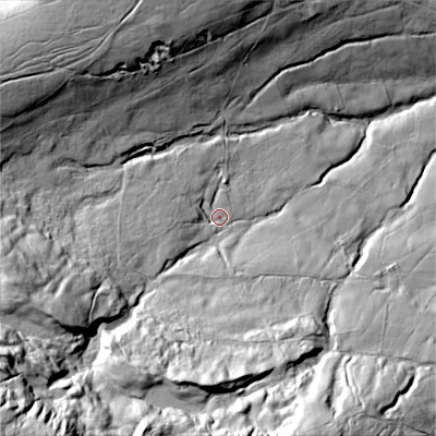 Shaded relief map of the ground around HX64BS, computed from Environment Agency LiDAR. The ground here sits at about 297 m above sea level and falls 160 m across the surrounding 800 m. Surface water reaching this point runs off ground lying to the south-west, 110.5 m higher.