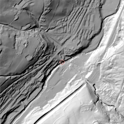 Shaded relief map of the ground around HX64DB, computed from Environment Agency LiDAR. The ground here sits at about 123 m above sea level and falls 109 m across the surrounding 800 m. Surface water reaching this point runs off ground lying to the south-south-east, 88.0 m higher.