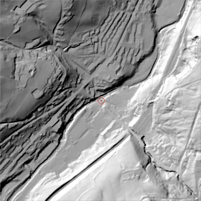 Shaded relief map of the ground around HX64DF, computed from Environment Agency LiDAR. The ground here sits at about 119 m above sea level and falls 103 m across the surrounding 800 m. Surface water reaching this point runs off ground lying to the north-west, 97.8 m higher.
