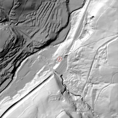 Shaded relief map of the ground around HX64DG, computed from Environment Agency LiDAR. The ground here sits at about 137 m above sea level and falls 116 m across the surrounding 800 m. Surface water reaching this point runs off ground lying to the east, 58.9 m higher.