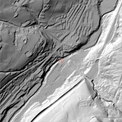 Shaded relief map of the ground around HX64DH, computed from Environment Agency LiDAR. The ground here sits at about 120 m above sea level and falls 107 m across the surrounding 800 m. Surface water reaching this point runs off ground lying to the south-south-east, 93.3 m higher.