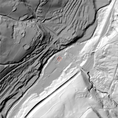 Shaded relief map of the ground around HX64DJ, computed from Environment Agency LiDAR. The ground here sits at about 121 m above sea level and falls 106 m across the surrounding 800 m. Surface water reaching this point runs off ground lying to the south-south-east, 97.4 m higher.