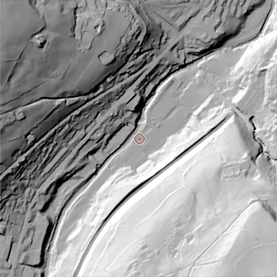 Shaded relief map of the ground around HX64DL, computed from Environment Agency LiDAR. The ground here sits at about 124 m above sea level and falls 126 m across the surrounding 800 m. Surface water reaching this point runs off ground lying to the south-south-west, 29.5 m higher.