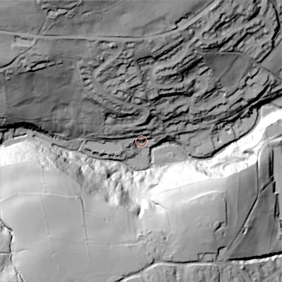 Shaded relief map of the ground around HX64EX, computed from Environment Agency LiDAR. The ground here sits at about 157 m above sea level and falls 103 m across the surrounding 800 m. Surface water reaching this point runs off ground lying to the north-north-west, 17.7 m higher.