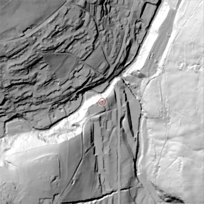 Shaded relief map of the ground around HX64HE, computed from Environment Agency LiDAR. The ground here sits at about 159 m above sea level and falls 100 m across the surrounding 800 m. Surface water reaching this point runs off ground lying to the south-west, 9.0 m higher.