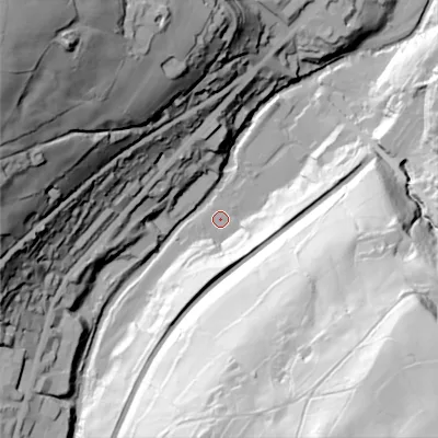 Shaded relief map of the ground around HX64HS, computed from Environment Agency LiDAR. The ground here sits at about 125 m above sea level and falls 130 m across the surrounding 800 m. Surface water reaching this point runs off ground lying to the south, 26.7 m higher.