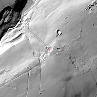 Shaded relief map of the ground around HX64ND, computed from Environment Agency LiDAR. The ground here sits at about 224 m above sea level and falls 98 m across the surrounding 800 m. Surface water reaching this point runs off ground lying to the south-south-east, 21.9 m higher.
