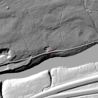Shaded relief map of the ground around HX64RH, computed from Environment Agency LiDAR. The ground here sits at about 282 m above sea level and falls 94 m across the surrounding 800 m. Surface water reaching this point runs off ground lying to the north-west, 66.7 m higher.