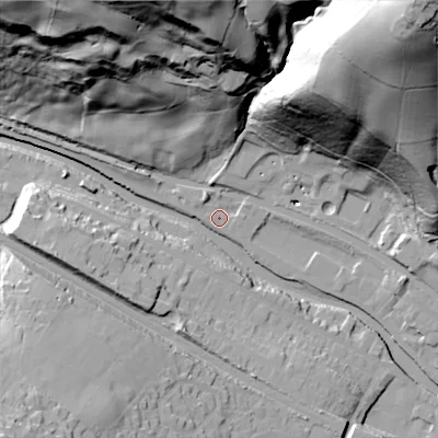 Shaded relief map of the ground around HX75AA, computed from Environment Agency LiDAR. The ground here sits at about 93 m above sea level and falls 109 m across the surrounding 800 m. Surface water reaching this point runs off ground lying to the north-east, 104.1 m higher.
