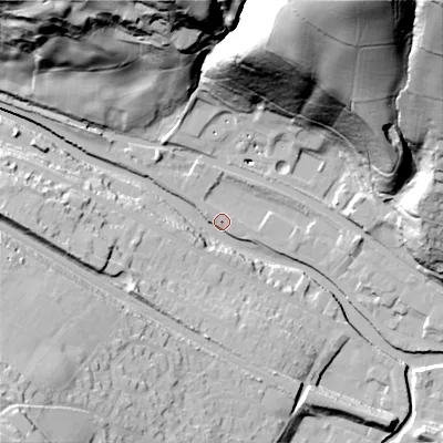 Shaded relief map of the ground around HX75AB, computed from Environment Agency LiDAR. The ground here sits at about 92 m above sea level and falls 100 m across the surrounding 800 m. Surface water reaching this point runs off ground lying to the north-north-east, 99.1 m higher.