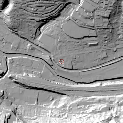 Shaded relief map of the ground around HX75AD, computed from Environment Agency LiDAR. The ground here sits at about 96 m above sea level and falls 63 m across the surrounding 800 m. Surface water reaching this point runs off ground lying to the north, 3.1 m higher.