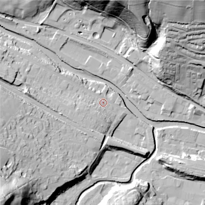 Shaded relief map of the ground around HX75AF, computed from Environment Agency LiDAR. The ground here sits at about 95 m above sea level and falls 68 m across the surrounding 800 m. Surface water reaching this point runs off ground lying to the west-north-west, 13.8 m higher.
