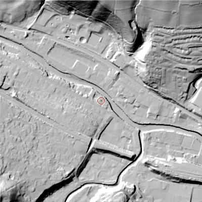 Shaded relief map of the ground around HX75AG, computed from Environment Agency LiDAR. The ground here sits at about 93 m above sea level and falls 69 m across the surrounding 800 m. Surface water reaching this point runs off ground lying to the north-north-east, 62.9 m higher.
