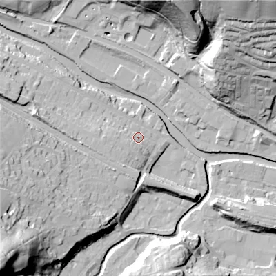 Shaded relief map of the ground around HX75AH, computed from Environment Agency LiDAR. The ground here sits at about 97 m above sea level and falls 69 m across the surrounding 800 m. Surface water reaching this point runs off ground lying to the south-west, 6.4 m higher.