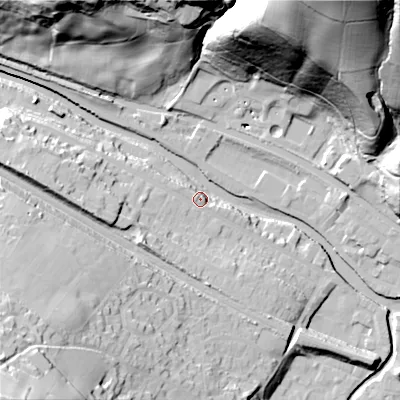Shaded relief map of the ground around HX75AJ, computed from Environment Agency LiDAR. The ground here sits at about 98 m above sea level and falls 87 m across the surrounding 800 m. Surface water reaching this point runs off ground lying to the west-south-west, 10.4 m higher.