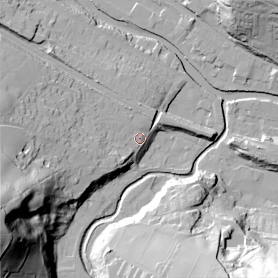 Shaded relief map of the ground around HX75AQ, computed from Environment Agency LiDAR. The ground here sits at about 101 m above sea level and falls 84 m across the surrounding 800 m. Surface water reaching this point runs off ground lying to the west-south-west, 45.3 m higher.