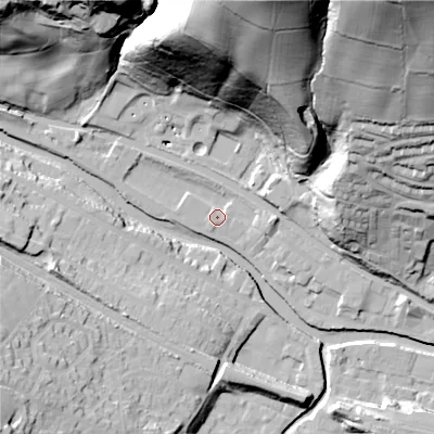 Shaded relief map of the ground around HX75DE, computed from Environment Agency LiDAR. The ground here sits at about 93 m above sea level and falls 92 m across the surrounding 800 m. Surface water reaching this point runs off ground lying to the north-east, 2.8 m higher.