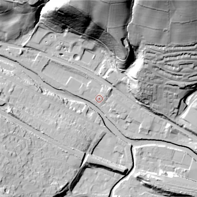 Shaded relief map of the ground around HX75DF, computed from Environment Agency LiDAR. The ground here sits at about 93 m above sea level and falls 82 m across the surrounding 800 m. Surface water reaching this point runs off ground lying to the north-east, 1.8 m higher.