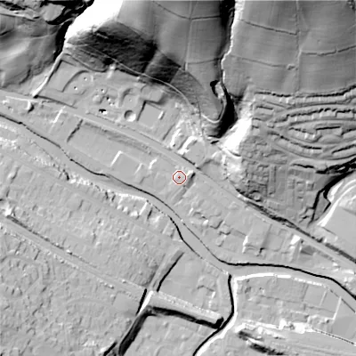 Shaded relief map of the ground around HX75DG, computed from Environment Agency LiDAR. The ground here sits at about 94 m above sea level and falls 89 m across the surrounding 800 m. Surface water reaching this point runs off ground lying to the east-north-east, 3.6 m higher.