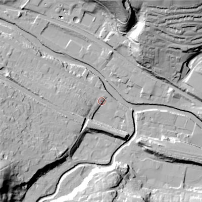 Shaded relief map of the ground around HX75DJ, computed from Environment Agency LiDAR. The ground here sits at about 94 m above sea level and falls 54 m across the surrounding 800 m. Surface water reaching this point runs off ground lying to the west-south-west, 24.8 m higher.