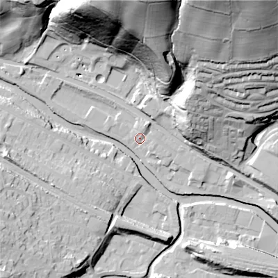 Shaded relief map of the ground around HX75DL, computed from Environment Agency LiDAR. The ground here sits at about 93 m above sea level and falls 81 m across the surrounding 800 m. Surface water reaching this point runs off ground lying to the north-north-east, 4.6 m higher.