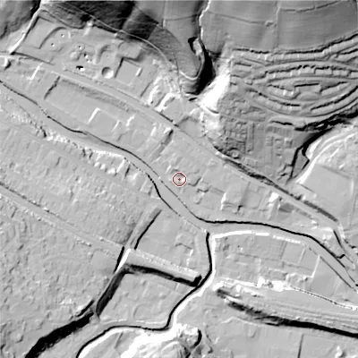 Shaded relief map of the ground around HX75DP, computed from Environment Agency LiDAR. The ground here sits at about 92 m above sea level and falls 70 m across the surrounding 800 m. Surface water reaching this point runs off ground lying to the north-north-west, 2.7 m higher.