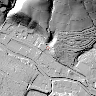Shaded relief map of the ground around HX75DQ, computed from Environment Agency LiDAR. The ground here sits at about 99 m above sea level and falls 103 m across the surrounding 800 m. Surface water reaching this point runs off ground lying to the north, 92.0 m higher.