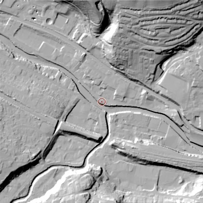 Shaded relief map of the ground around HX75DR, computed from Environment Agency LiDAR. The ground here sits at about 92 m above sea level and falls 55 m across the surrounding 800 m. Surface water reaching this point runs off ground lying to the west-south-west, 20.6 m higher.