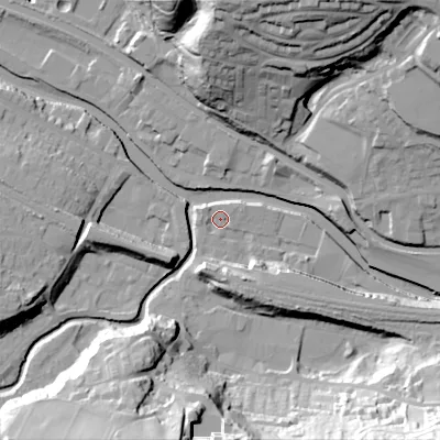 Shaded relief map of the ground around HX75DS, computed from Environment Agency LiDAR. The ground here sits at about 92 m above sea level and falls 51 m across the surrounding 800 m. Surface water reaching this point runs off ground lying to the north-west, 1.9 m higher.