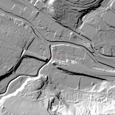 Shaded relief map of the ground around HX75DT, computed from Environment Agency LiDAR. The ground here sits at about 92 m above sea level and falls 68 m across the surrounding 800 m. Surface water reaching this point runs off ground lying to the south, 8.5 m higher.