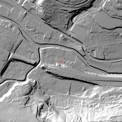 Shaded relief map of the ground around HX75DU, computed from Environment Agency LiDAR. The ground here sits at about 91 m above sea level and falls 70 m across the surrounding 800 m. Surface water reaching this point runs off ground lying to the south-west, 11.0 m higher.
