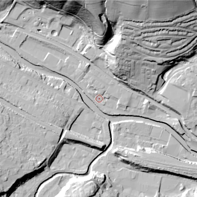 Shaded relief map of the ground around HX75DW, computed from Environment Agency LiDAR. The ground here sits at about 92 m above sea level and falls 64 m across the surrounding 800 m. Surface water reaching this point runs off ground lying to the north, 2.8 m higher.