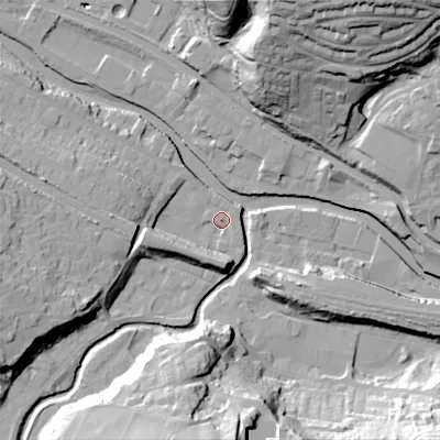 Shaded relief map of the ground around HX75DY, computed from Environment Agency LiDAR. The ground here sits at about 92 m above sea level and falls 45 m across the surrounding 800 m. Surface water reaching this point runs off ground lying to the west-south-west, 9.5 m higher.