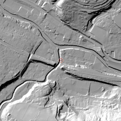 Shaded relief map of the ground around HX75DZ, computed from Environment Agency LiDAR. The ground here sits at about 92 m above sea level and falls 64 m across the surrounding 800 m. Surface water reaching this point runs off ground lying to the south-east, 62.5 m higher.