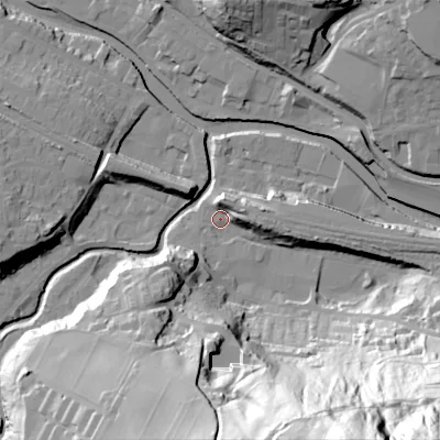Shaded relief map of the ground around HX75EA, computed from Environment Agency LiDAR. The ground here sits at about 92 m above sea level and falls 114 m across the surrounding 800 m. Surface water reaching this point runs off ground lying to the south-east, 112.0 m higher.