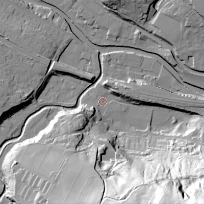 Shaded relief map of the ground around HX75EB, computed from Environment Agency LiDAR. The ground here sits at about 92 m above sea level and falls 140 m across the surrounding 800 m. Surface water reaching this point runs off ground lying to the south-east, 137.8 m higher.