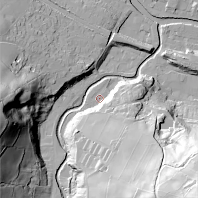 Shaded relief map of the ground around HX75ED, computed from Environment Agency LiDAR. The ground here sits at about 95 m above sea level and falls 104 m across the surrounding 800 m. Surface water reaching this point runs off ground lying to the south-east, 57.6 m higher.