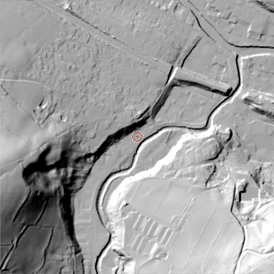 Shaded relief map of the ground around HX75EE, computed from Environment Agency LiDAR. The ground here sits at about 94 m above sea level and falls 91 m across the surrounding 800 m. Surface water reaching this point runs off ground lying to the west-south-west, 86.7 m higher.