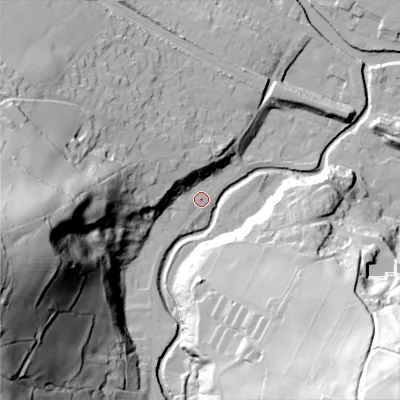 Shaded relief map of the ground around HX75EF, computed from Environment Agency LiDAR. The ground here sits at about 95 m above sea level and falls 97 m across the surrounding 800 m. Surface water reaching this point runs off ground lying to the west-south-west, 90.6 m higher.