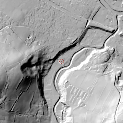 Shaded relief map of the ground around HX75EG, computed from Environment Agency LiDAR. The ground here sits at about 96 m above sea level and falls 104 m across the surrounding 800 m. Surface water reaching this point runs off ground lying to the west-south-west, 97.3 m higher.