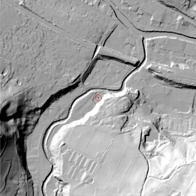 Shaded relief map of the ground around HX75EJ, computed from Environment Agency LiDAR. The ground here sits at about 92 m above sea level and falls 109 m across the surrounding 800 m. Surface water reaching this point runs off ground lying to the south-south-east, 59.7 m higher.